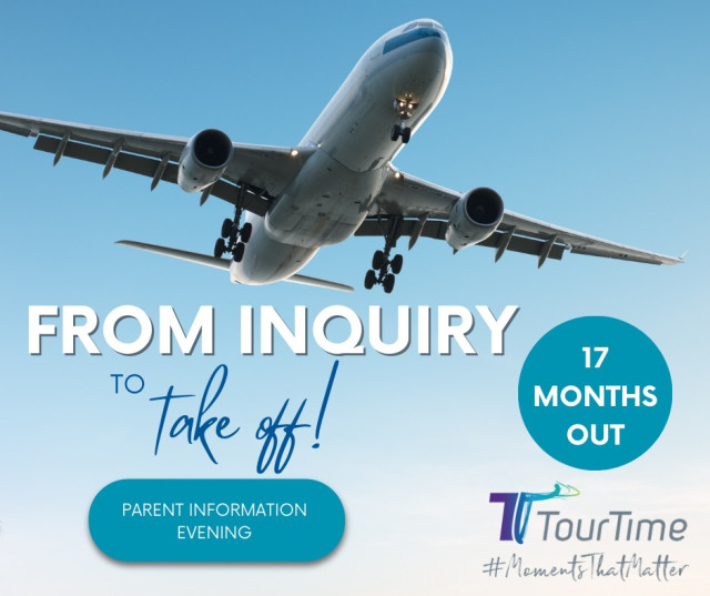 ✈️ From Inquiry to Take Off - let's get the word out!
It's 17 months out from your planned tour, and you now have approval from the school for your tour to go ahead - now it starts to get exciting! The next step is to hold an information evening for prospective students and their parents. Tour Time can create a presentation for this, and a Tour Time representative can be at the meeting alongside you to present the tour and answer any questions. We will use this opportunity to confirm expressions of interest in the tour. 🌏
 #PlanWithConfidence #FromInquiryToTakeoff #NextLevelTravel #FinanciallyBonded #tourwiththebest #studenttravel #EducationalTravel #youthtravel #StressFreeTours #StudentTravel #TravelWithTourTime #healthandsafety #industryleader #bestpractice #grouptourspecialist #BeyondTheClassroom